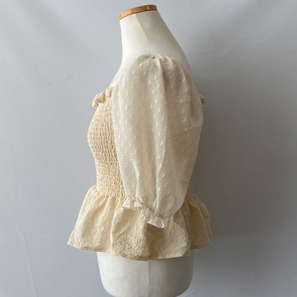 White Chiffon Dobby Mesh Short Sleeves Smocked Blouse - Picture 9 of 9